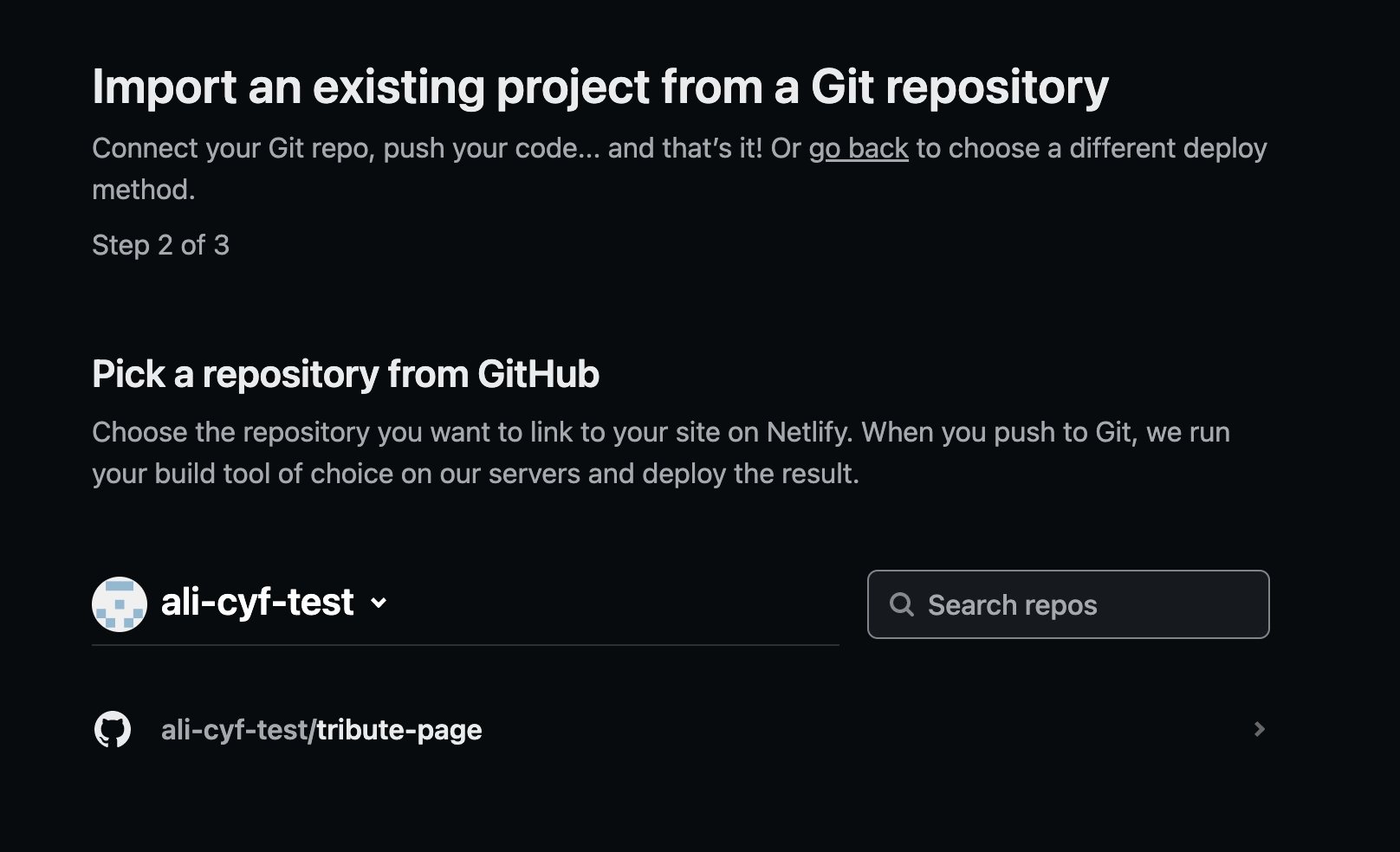 Choosing the GitHub repo to create your site from
