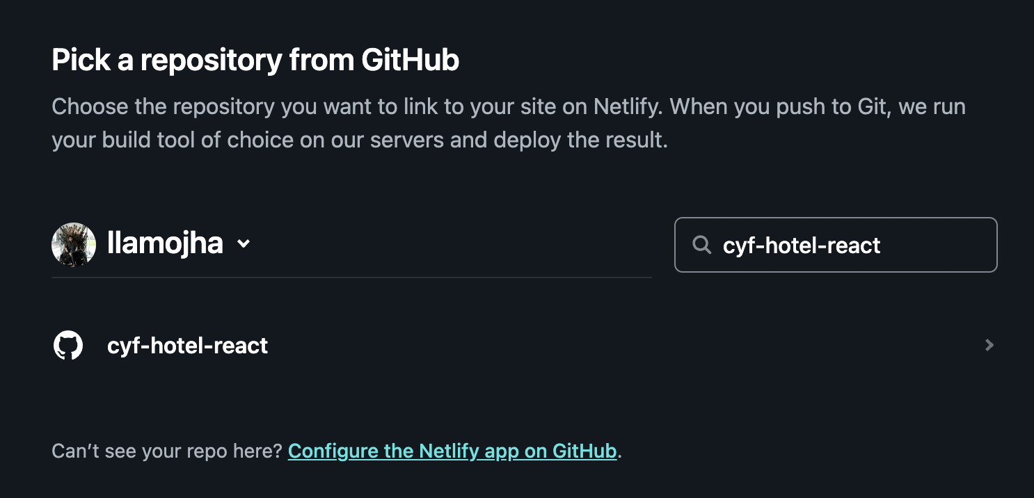 Choosing the GitHub repo to create your site from