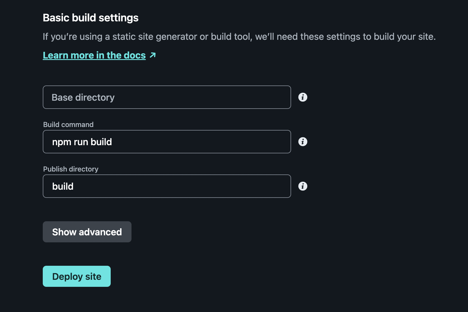 Choosing the build settings to create your site
