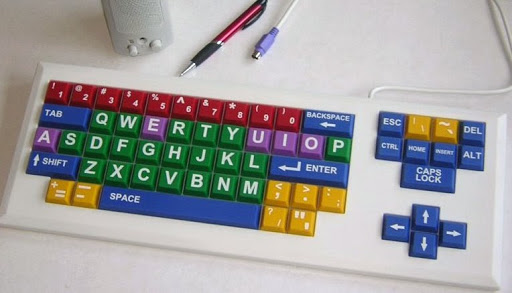 multicolour keyboard with big characters on the key and arrow keys aside