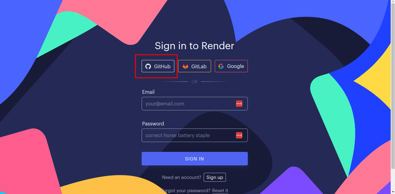 Sign into Render using GitHub