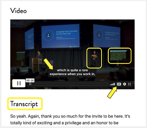 screenshot of the webpage with the video,  highlighting the close captions, the button for this, the transcript is under the video and you can see a BSL interpreter 