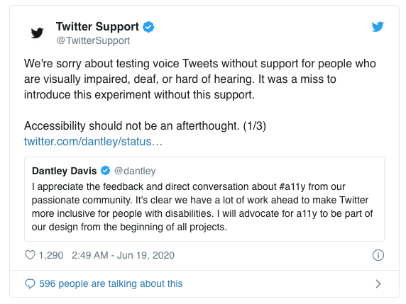 answer from twitter apologising for not considering hearing impaired people  and visually impaired in a new video clip feature